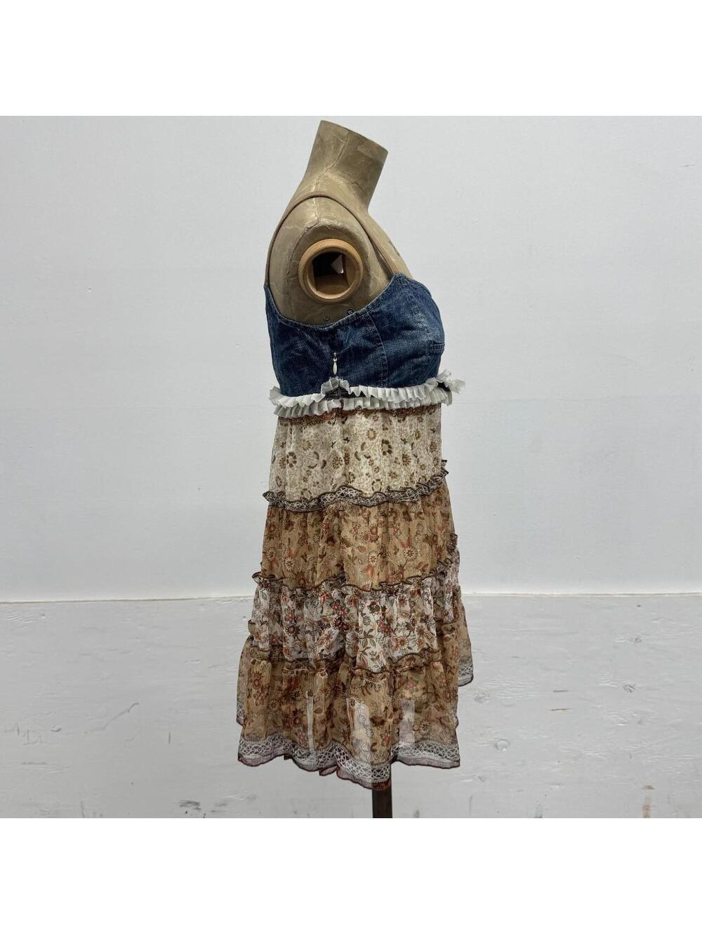 Vintage Y2K Denim Corset Bustier Paisley Floral Chiffon Tunic Dress - Picture 3 of 8